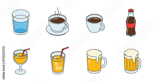Collection of diverse beverage icons in flat style with coffee, juice, soda, and beer