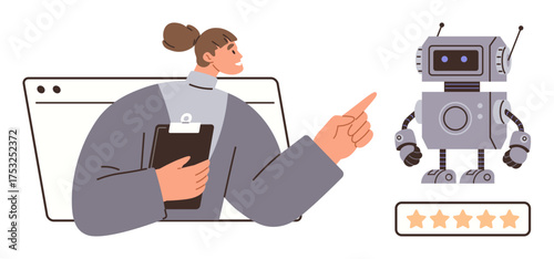 Woman holding clipboard pointing at AI robot near 5-star rating scale. Ideal for innovation, technology, AI interaction, feedback, evaluation, collaboration, futuristic concepts. Simple flat metaphor