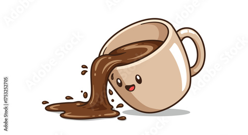 Cute cartoon coffee cup spilling with happy face