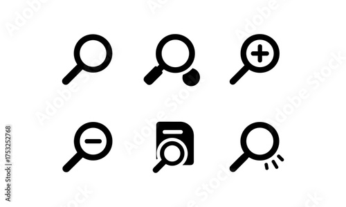 Set of magnifying glass icons for search and zoom functions in minimalist style