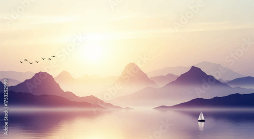 Minimalist ink wash painting misty mountains, tranquil lake with sailboat, and birds at sunrise, capturing natural serenity