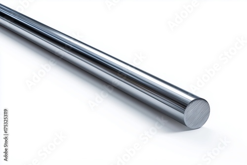 Sleek cylindrical metal rod positioned diagonally on a pure white background