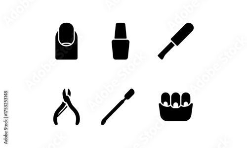 Essential manicure icons: nail polish, clippers, file, and tools in modern silhouette style