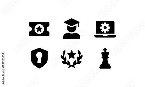 Education and technology icons set: school, security, gaming