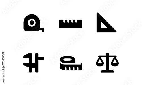 Minimalist black icons of measuring tools for design and construction