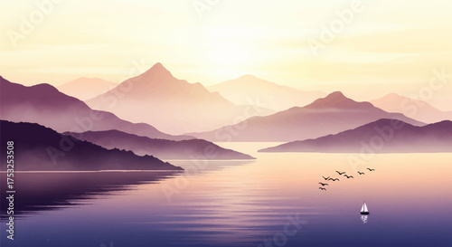 Ink wash painting captures serene mountain range, gentle lake, and a sailboat, evoking tranquility in a minimalist style, eps