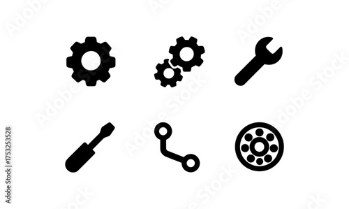 Industrial tool and gear icons set in minimalist silhouette style