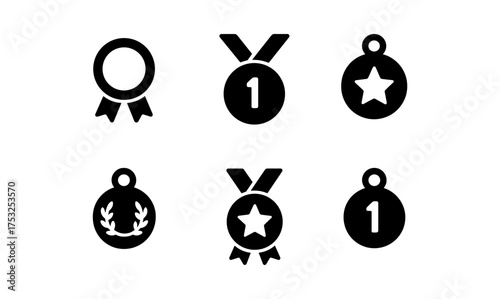Set of black medal icons with ribbons and stars in simple silhouette style