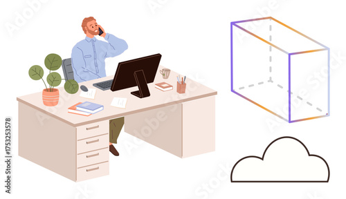 Man talking on phone at office desk with computer, cloud icon, and abstract cube. Ideal for remote work, cloud technology, business communication, innovation, tech progress, productivity simple flat