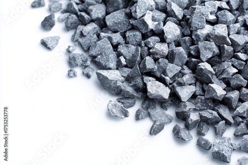 Small Gray Gravel Stones Scattered Neatly on White Background Showing Sharp Rock Texture