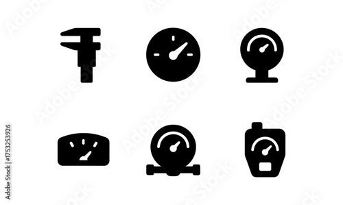 Black silhouette icons of measurement tools and gauges for industrial design