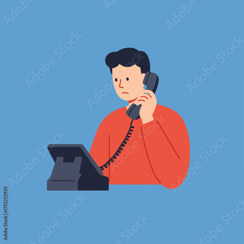 A person in a red shirt answers a landline phone on a blue background
