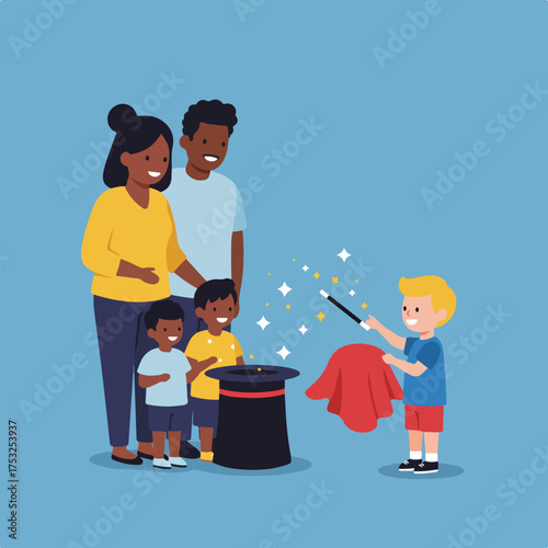 Family watches child perform magic with hat, wand, and cloth