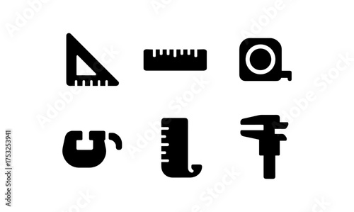 Essential measurement tool icons: ruler, tape, caliper, square set in minimalist black silhouette style