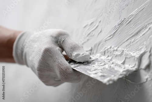 Macro Shot of Gloved Hand Using Wide Skimming Blade to Apply Smooth White Plaster on Wall Surface