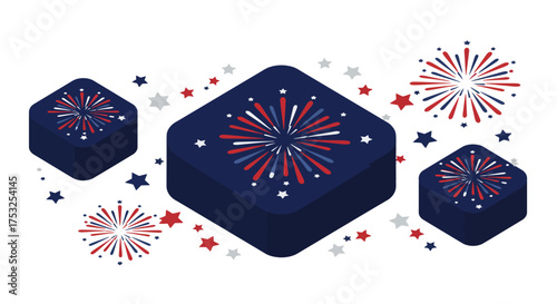 Isometric fireworks celebration with red, white, and blue stars