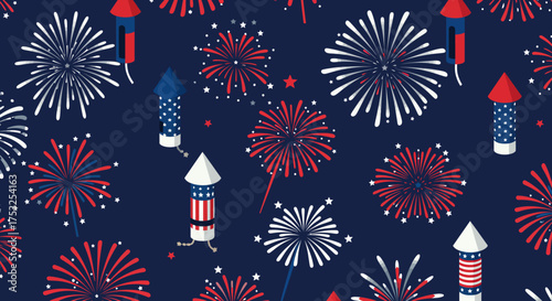 Festive fireworks and rockets pattern with a patriotic theme
