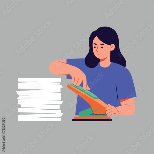 Woman punching holes in a tall stack of papers with a stapler