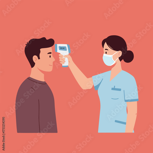 Medical professional using a non-contact thermometer on a patient's forehead