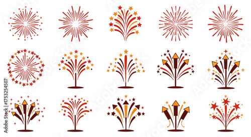 Festive fireworks elements in flat style with stars and sparkles