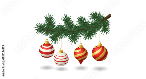 Festive christmas tree branch with hanging red and gold baubles