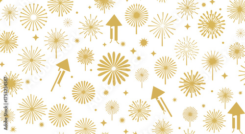 Festive gold fireworks and rocket pattern on white background