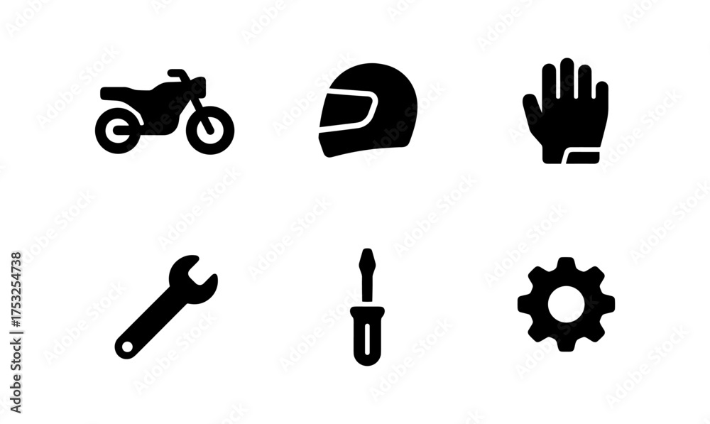 Fototapeta premium Motorcycle gear and tools icons set: helmet, gloves, wrench, screwdriver, gear