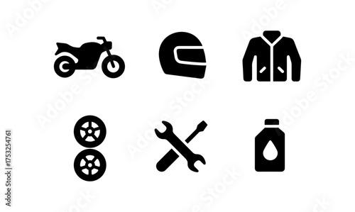 Essential motorcycle icons: helmet, jacket, tools, and more in bold silhouette style
