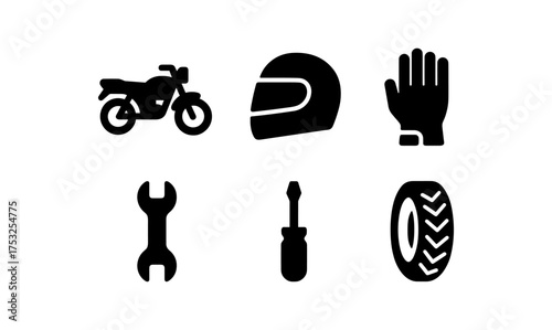 Essential motorcycle icons: helmet, gloves, tools, and tire silhouettes