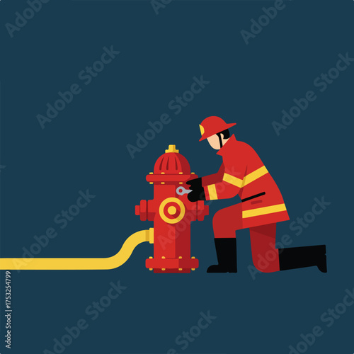 Firefighter in red uniform connecting hose to hydrant with wrench