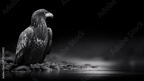 Black and White Eagle Standing on Rocks by the Water