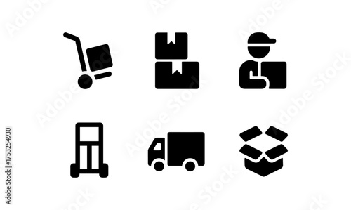 Delivery and logistics icons: package, truck, worker, box symbols for shipping and handling