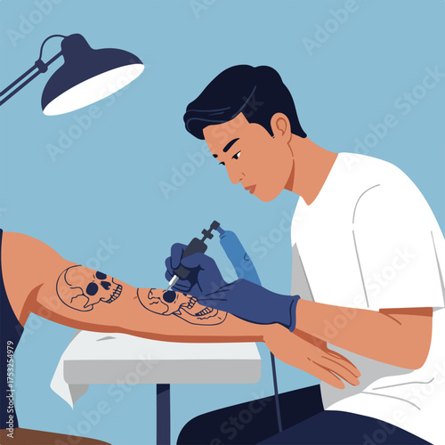 Artist working on intricate skull tattoo on client's arm under a bright lamp