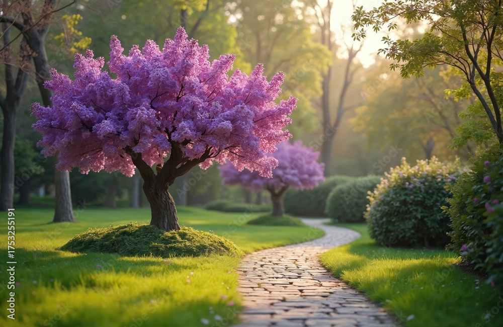Obraz premium Blooming purple tree stands in beautiful spring garden. Stone walkway winds through green manicured lawn. Peaceful park is filled with warm morning sunlight. This picturesque landscape is serene.