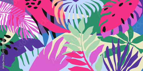 Abstract tropical plant background design. Colorful foliage botanical floral and leaves pattern. Illustration for banner, wall art, prints or fabrics