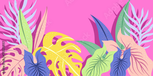 Abstract tropical plant background design. Colorful foliage botanical floral and leaves pattern. Illustration for banner, wall art, prints or fabrics