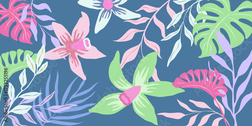 Abstract tropical plant background design. Colorful foliage botanical floral and leaves pattern. Illustration for banner, wall art, prints or fabrics