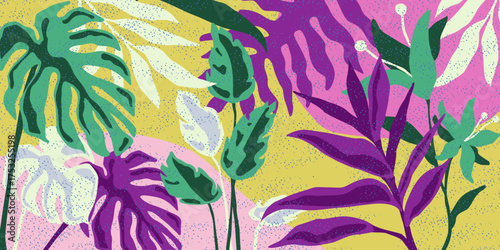 Abstract tropical plant background design. Colorful foliage botanical floral and leaves pattern. Illustration for banner, wall art, prints or fabrics