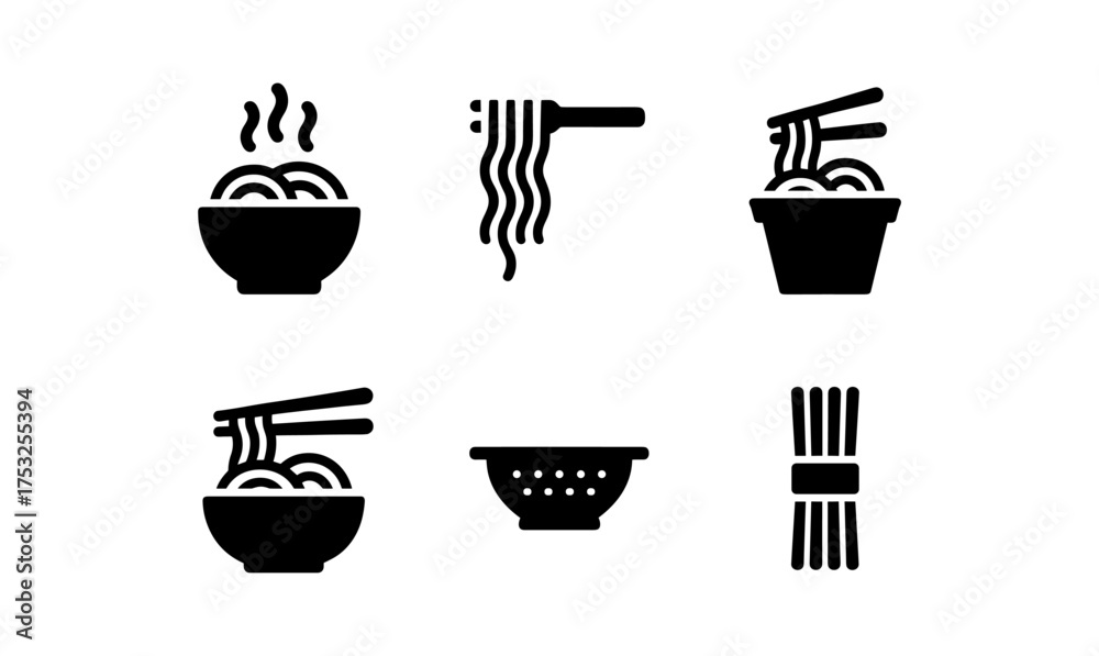 Fototapeta premium Noodle icons set: simple black silhouettes of ramen and utensils