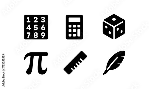 Math and science icon set: calculator, dice, pi, ruler, feather