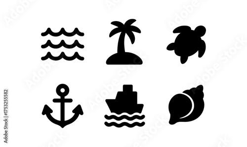 Minimalist beach icons set: palm, turtle, anchor, and more