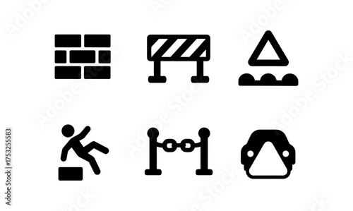 Minimalist safety icons: barrier, warning, and caution symbols in silhouette style
