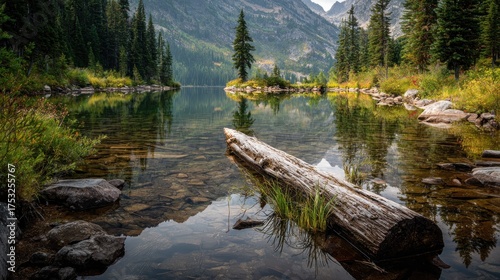 Serene Mountain Lake Reflection with Fallen Log and Crystal Clear Water