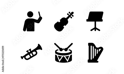 Music instruments and conductor silhouette icons set in black and white