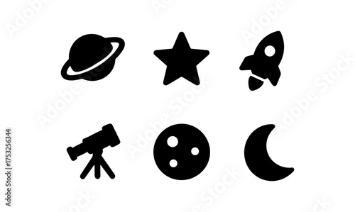 Space icons: planets, stars, and celestial elements in silhouette