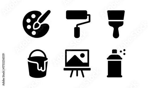 Black icon set of art and painting tools and equipment for creative projects