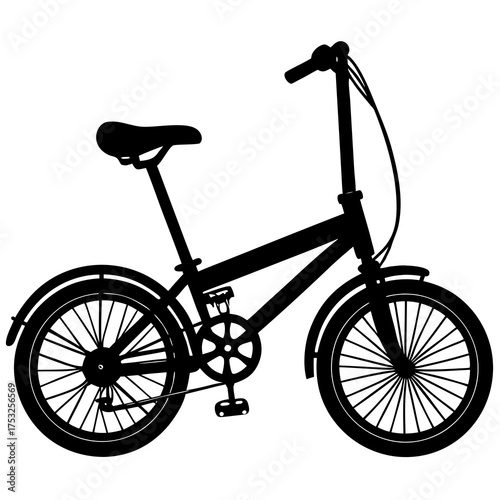 Silhouette of a black folding bicycle with small wheels and fenders on a white background