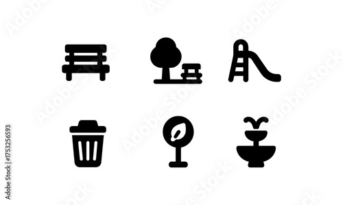 Minimalist park icon set featuring bench, playground, fountain, and trash bin