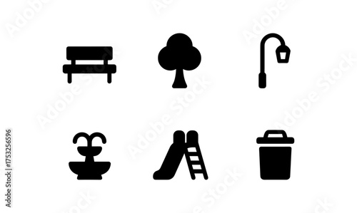 Urban park elements: simplistic silhouette icons of common outdoor fixtures