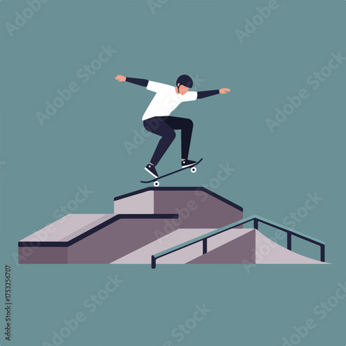 Flat graphic of a person skateboarding on a ramp structure